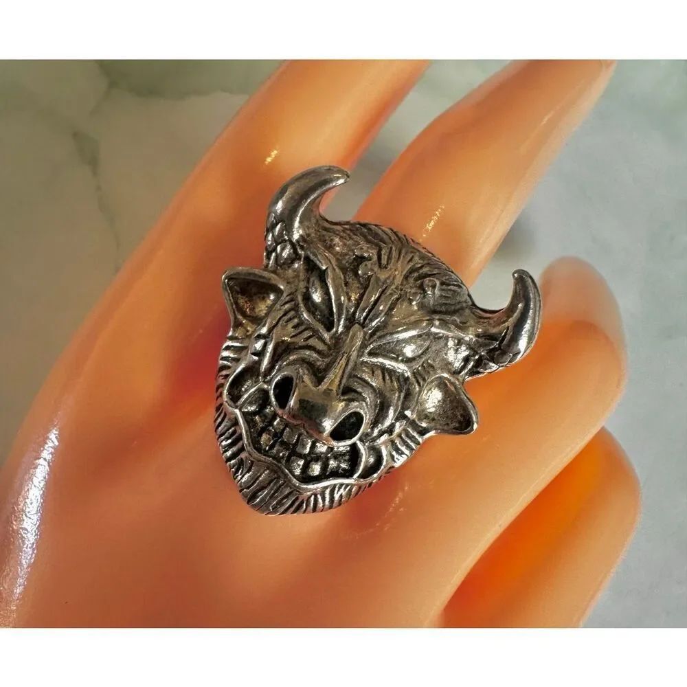 Horned Devil Head Statement Ring